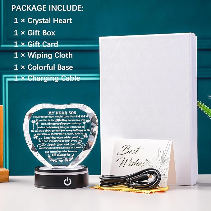 YWHL Meaningful Gifts for Son with Colorful LED Base Birthday Gifts for Son Adult from Mom Dad Crystal Heart Inspirational to My Son Graduation Gift