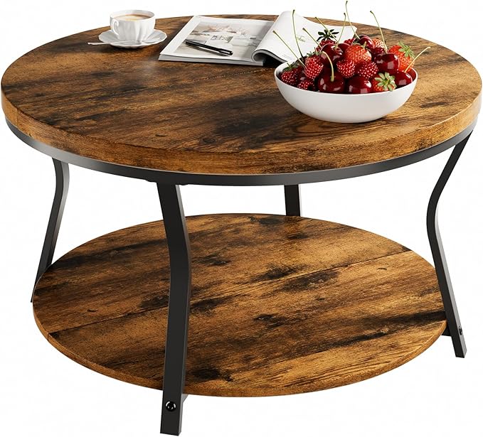 Round Coffee Tables for Living Room, Circle Wood Coffee Table, 2 Tier Industrial Modern Center Table with Thickened Tabletop and Metal Frame, 31.5 inch (Rustic Brown)