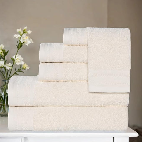 Superior Honeycomb Cotton Medium Weight Towels, for Guest Bath, Master Bathroom, Shower, Quick Dry, Adults, Home Essentials, Textured Waffle Border, Assorted Towel Set, 6 Piece Towel Set, Ivory