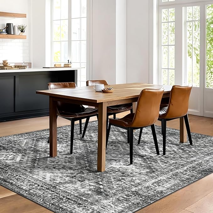 MIULEE 5x7 Vintage Living Room Rug Washable Area Rugs Low Pile Floor Mat for Bedroom Dining Room Non-Slip Stain Resistant Soft Indoor Carpet for Home Decor, Black