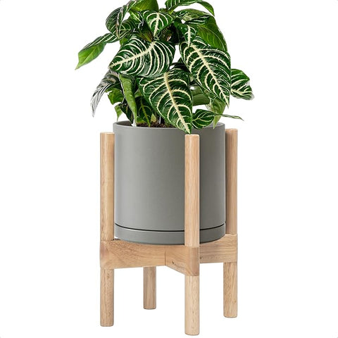 D'vine Dev Ceramic Planter with Natural Stand - 8 Inch Modern Round Flower Pot with Wood Planter Holder, Grey, 55-B-N-3