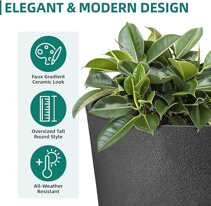 24" Planters for Outdoor/Indoor Plants, Set of 2 Tall Plant Pots, Heavy-Duty Resin Large Vase for Faux Mums Flower, Ideal for Garden, Patio, Yard, Porch or Home Decor, PU Leather-Look Finish