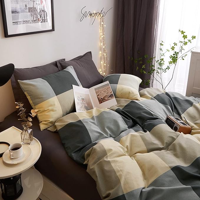 VM VOUGEMARKET Cotton Full Duvet Cover Set,3 Pieces Black Gray Plaid Duvet Cover with 2 Pillowcases Modern Simple Checkered Comforter Cover for Teens Boys Men-80x90 Inch