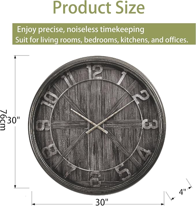Extra Large Wall Clock, 30 Inch, Dark Grey, Silent Non-Ticking Quartz Movement, Battery Operated, Decorative Roman Numeral, Stylish Clock Living Room, Office, Home Decor