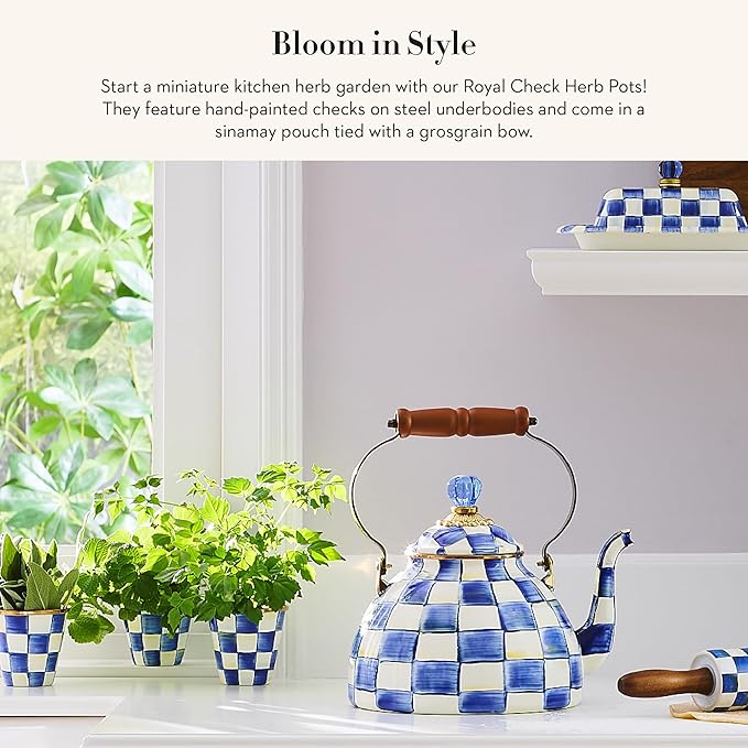 MACKENZIE-CHILDS Enamel Herb Pots, Small Plant Pots for Herbs or Flowers, Set of 3, Blue-and-White Royal Check