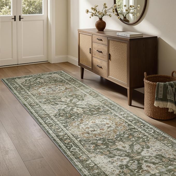 PADOOR-Vintage Runner Rug 2X10 Runners for Hallways-Soft Olive Green Washable Bedside Rugs for Bedroom-Non Slip Long Rug for Hallways Entryway Laundry Room Stair Kitchen Bathroom