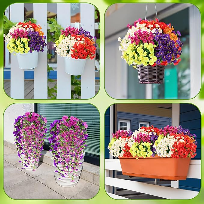 Zeyune 48 Pcs Artificial Hanging Flowers Plants for Outdoors Faux Hanging Plant Faux Silk Morning Glory with Eucalyptus Leaves Artificial Plants Summer Fall Decoration for Window Yard Garden Decor