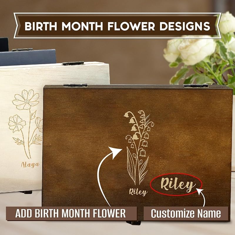 Personalized Birth Flower Memory Box Custom Engraved Wooden Keepsake Chest with Floral Design - Storage Boxes for Jewelry Photos Memento Keepsakes Customized Gifts for Women Birthday Mother's Day