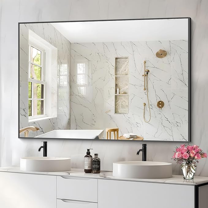 36x50inch Bathroom Mirror, Black Rectangle Mirror with Thin Metal Frame, Large Rectangular Wall Mirror for Bathroom, Living Roomm, Hair Salon, Big Farmehouse Mirror Hang Horizontal/Vertical