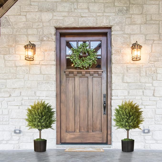 HOMCOM Artificial Plants Set of 2 Decorative Cedar Topiary Trees in Pots, Fake Plants for Home Indoor Outdoor Front Porch, 21.7 inch, Green