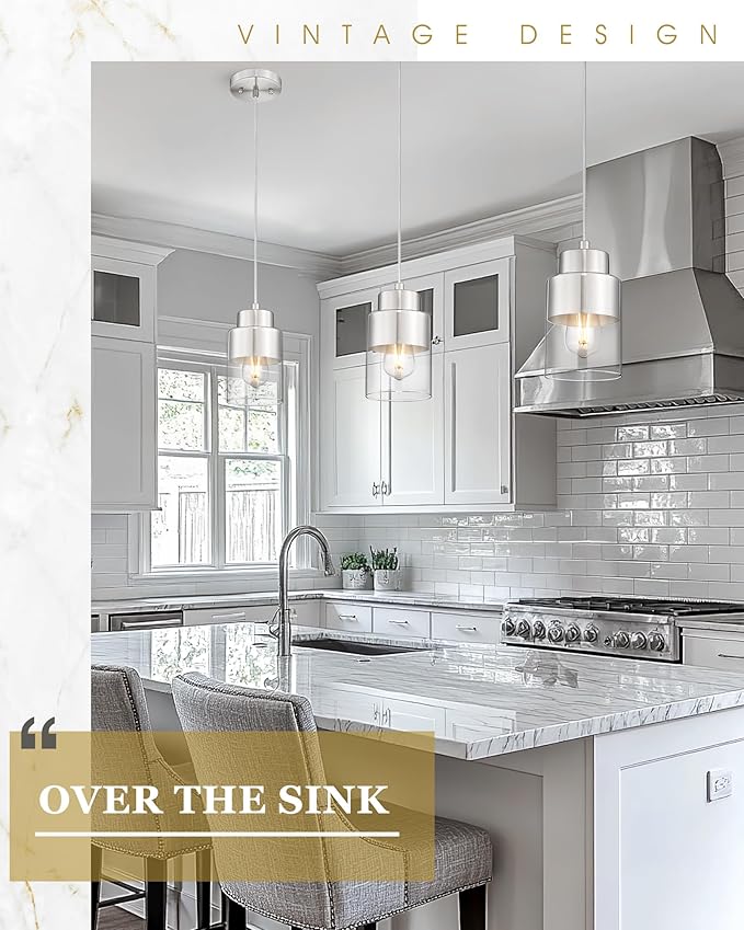 2-Pack Pendant Lights Kitchen Island, Brushed Nickel Dual Shade Hanging Lights Fixtures with Metal and Clear Glass, Kitchen Pendant Lighting Over Island for Dining Room, AD-24022-1P2-SN