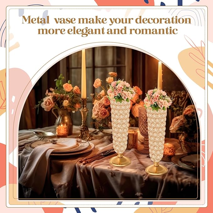 Rtteri 4 Pcs 12 Inch Tall Crystal Vase for Centerpieces Wedding Metal Crystal Trumpet Flower Vase Stand for Table Floor Wedding Party Favor Banquet Celebration, Classic Elegance(Gold)