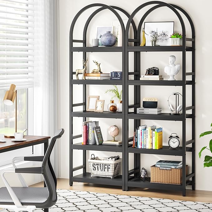 Tribesigns 5-Tier Open Bookshelf Set of 2, 74.4" Wood Bookcase Storage Shelves with Metal Frame, Freestanding Display Rack Tall Shelving Unit for Office, Bedroom, Living Room (Black, 2PCS)