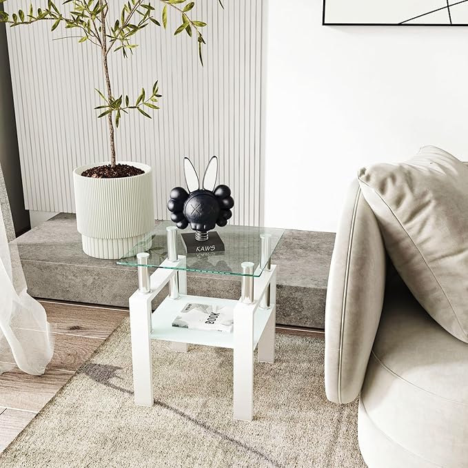 IANIYA Modern Glass End Table, 2-Tier Side Table with Tempered Glass Top & Metal Legs, Night Stand Corner for Living Room, Bedroom, White