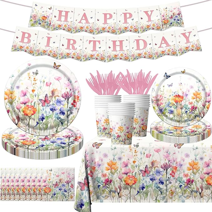 Wildflower Baby Shower Decorations,142Pcs Wildflower Baby in Bloom Plates and Napkins,Tablecloth,Cup Butterfly Floral Theme Table Decorations for Bridal Shower Birthday Party