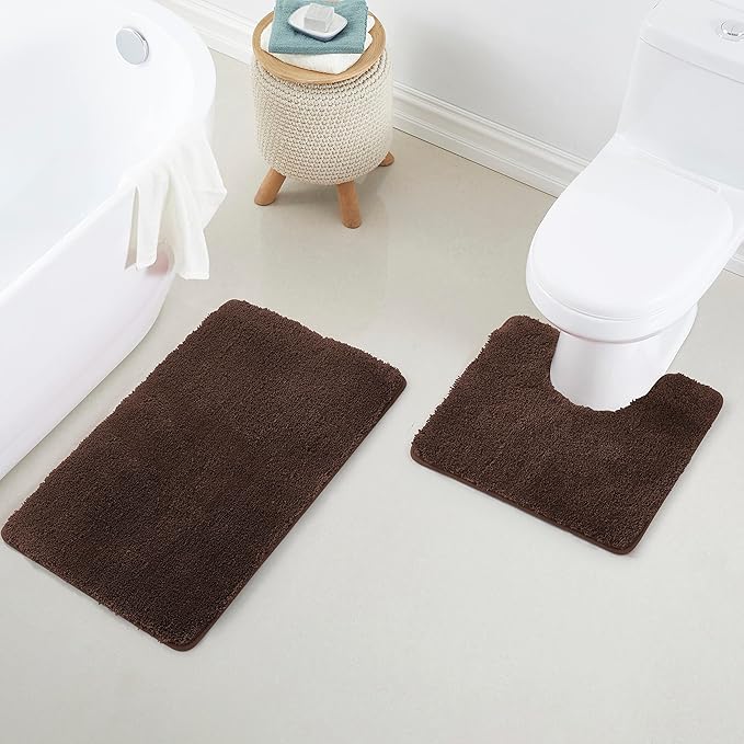 YHF Bathroom Rug Set 2Piece, Thick &Soft Microfiber Shaggy, U Shaped Contour, Machine Washable Bath Mats, Absorbent Bath Rugs, Non-slip Rubber Backing Bath Mat for Bathroom Floor, Tub and Shower,Brown