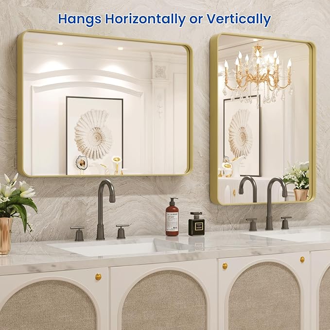 WEER Gold Bathroom Mirror, 22X30 Inch Brushed Gold Metal Frame Mirror, Rounded Rectangle Gold Bathroom Vanity Mirror for Wall, Tempered Glass, Anti-Rust, Hangs Horizontally or Vertically