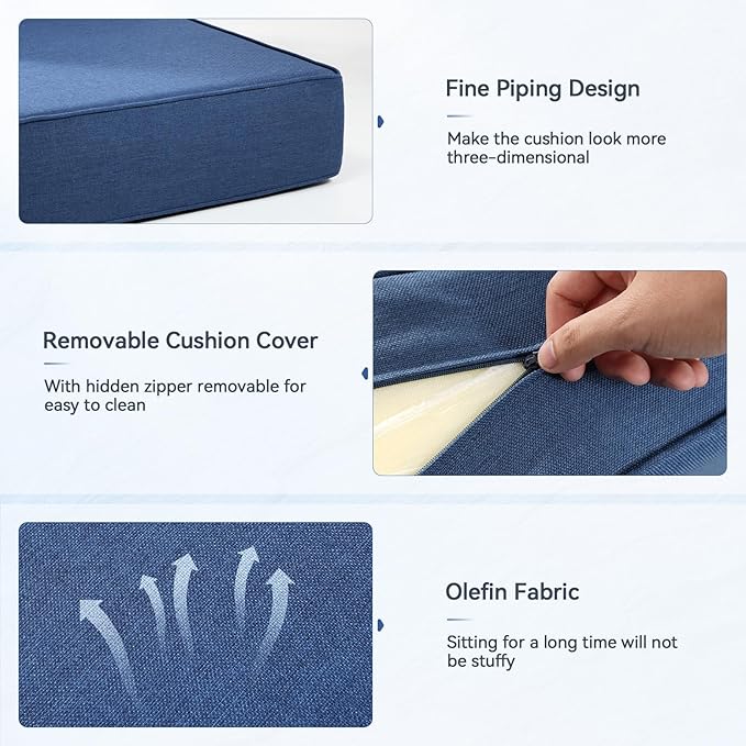 Luxury 6" Outdoor Cushions for Patio Furniture, 24x24x6 Thick Seat Cushion Set of 7, Fade Resistant Couch Chair Replacement Cushions High Density Deep Wicker Chair Cushion w/Removable Cover, Blue