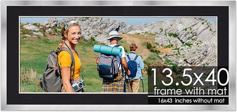 13.5x40 Frame with Mat - Silver 16x43 Frame Wood Made to Display Print or Poster Measuring 13.5 x 40 Inches with Black Photo Mat