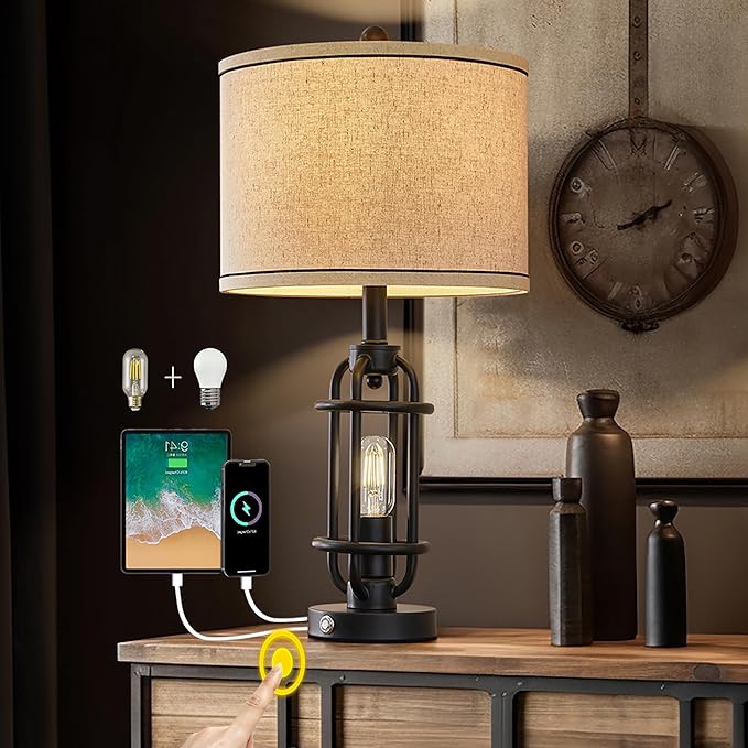 23.75'' Industrial Black Metal Table Lamps Living Room Lamp for Nightstand Bedroom lamp Single Bedside End Side Table Lamps Home Decor Touch Lamp Modern Lamps with USB Ports, Bulbs Included