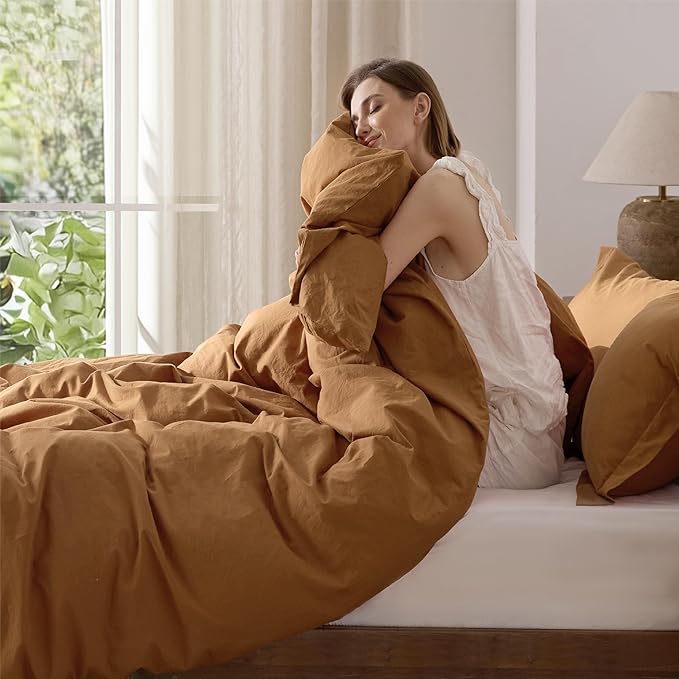 Bedsure 100% Washed Cotton Duvet Cover King Size - Brown Minimalist Cotton Duvet Cover Linen Like for All Seasons - GentleSoft™ Plain Simple Bedding, 3 Pieces (Brown, King, 104"x90")
