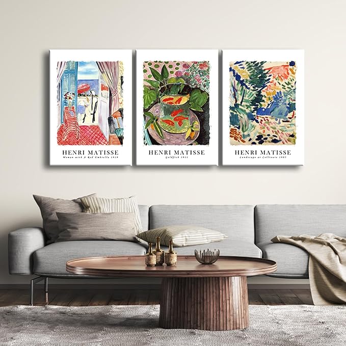 Wieco Art Large Canvas Wall Art 3 Piece Henri Matisse Aesthetic Posters Woman with A Red Umbrella Goldfish Landscape at Collioure Matisse Prints Posters for Wall and Home Decorations