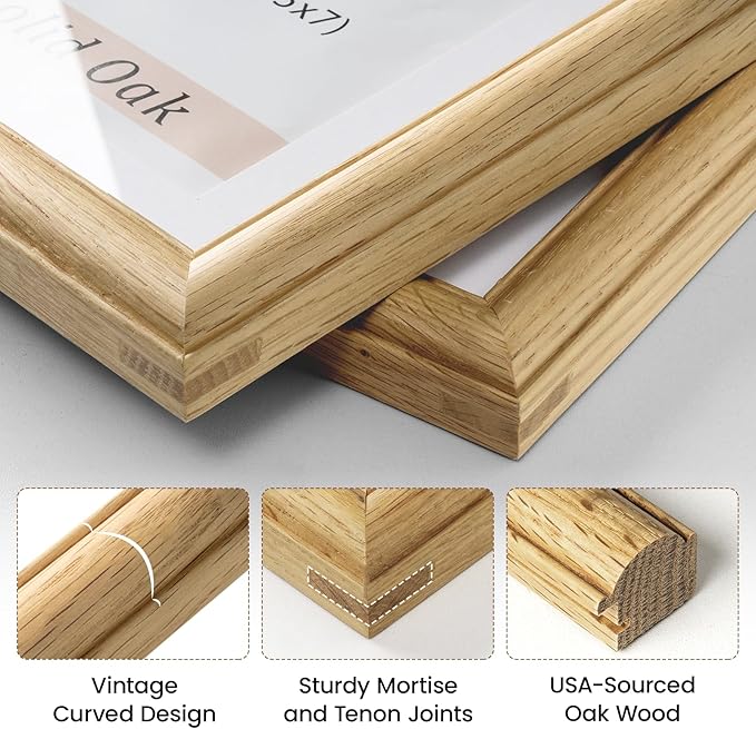 Vivelove 5x7 Picture Frame, Solid Oak Wood 5x7 Frame Display 4x6 with Mat or 5 x 7 Without Mat, 5 by 7 Photo Frame for Wall & Tabletop Display, Natural Oak Color, 3 Pack