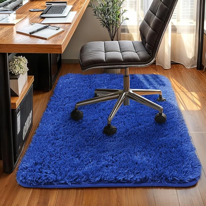 Small Bedside Rug, 2x3 Non Slip Fluffy Shaggy Entryway Throw Rugs for Bedroom Living Room, Indoor Floor Carpet for Kids Girls and Boys, Nursery Rooms Mat, Home Decor Aesthetic, Blue