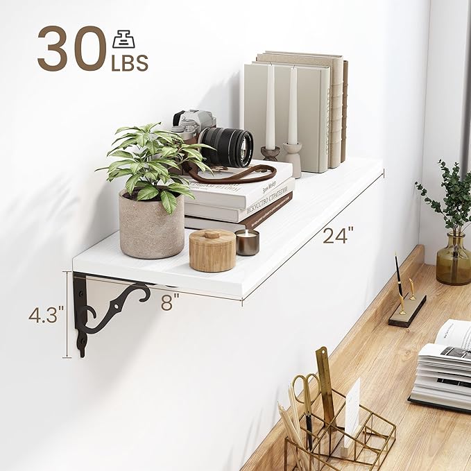 Floating Shelves for Wall, 24"W x 8"D Wall Shelves, 8 Inch Deep Floating Shelf with Bracket, 24 Inch Floating Shelves for Living Room and Bathroom, Display & Storage Shelves, White, Set of 2