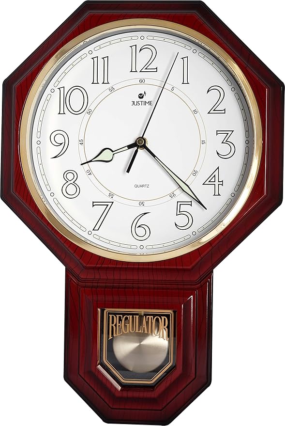 JUSTIME Traditional Schoolhouse Luminious Arabic Regulator Wall Clock, Chiming Wall Clocks with Pendulum & Westminster Chime Hourly, Schoolhouse Wall Decor Battery Operated (Red Mahogany)