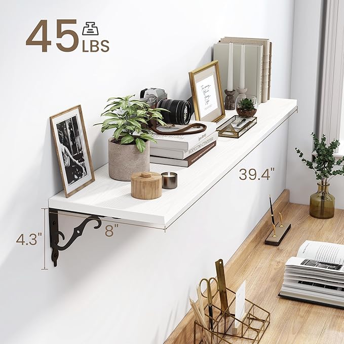 Fun Memories 40 Inch Floating Shelves Wall Mounted, 8 Inch Deep Wall Shelves with Bracket, Rustic Hanging Bookshelf, 40" Bookshelves for for Living Room, Kitchen and Bedroom, White, Set of 2