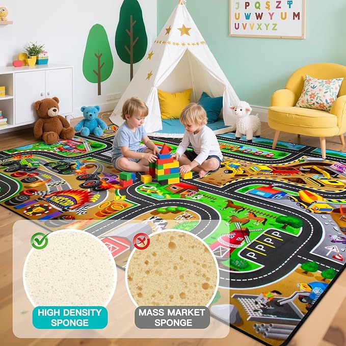 Kids Rug, 3x5 Ft Non-Slip Monster Truck Play Rug, Extra Thick (0.4in), Educational LearningTraffic Road Car Carpet for Nursery, Classroom, Playroom & Bedroom