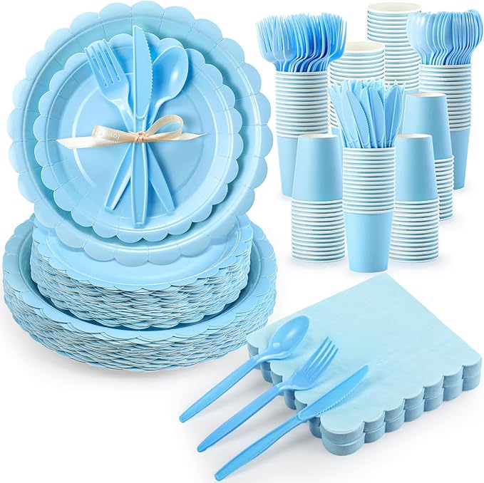 350 Pcs Baby Blue Plates and Napkins, 50 Guest Spring Party Supplies Include Scalloped Paper Plates Napkins Cups Plastic Spoons Forks Knives Disposable Tableware Set for Baby Shower