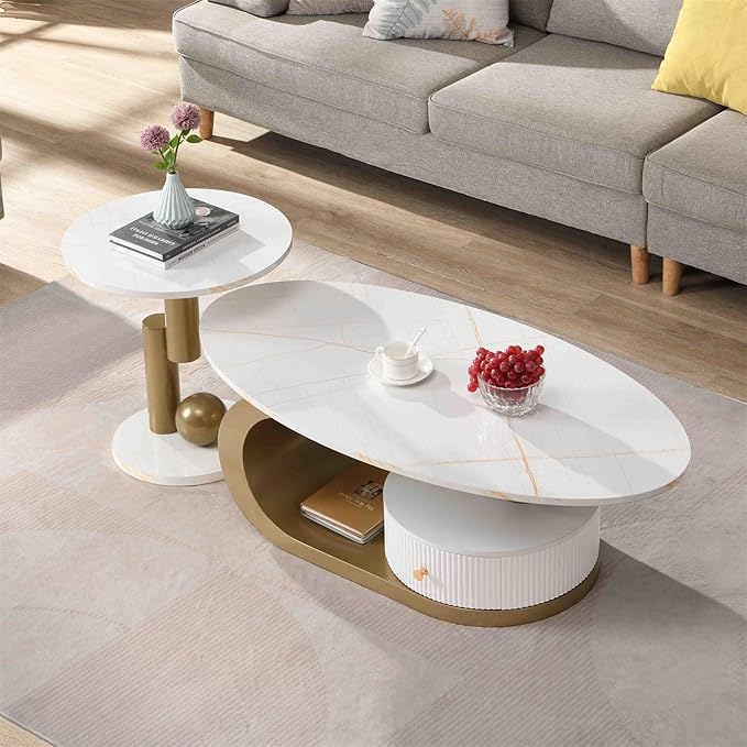 2 Piece Living Room Set, Storage Drawer, Faux Marble Tabletop, Modern Nest Coffee Table Set of 2, White and Gold Oval Coffee and End Table Set with Iron Geometric Base