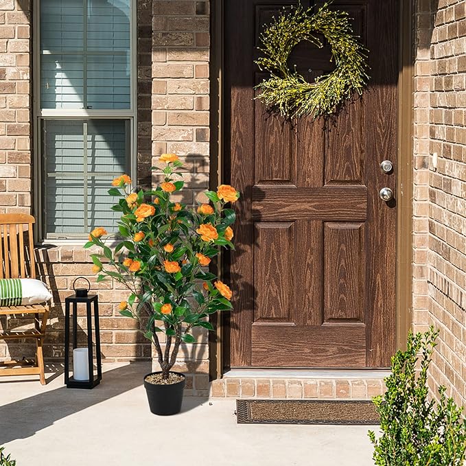 Goplus 40” Artificial Camellia Tree, Flower Plants Artificial Tree, Faux Floral Plant Blooming Tree in Cement Pot, Greenery Potted Plant for Indoor Outdoor Office Home Porch Decor, Free Maintenance