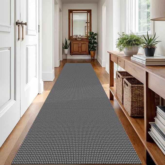 IOHOUZE Washable Runner Rug 3x12 Non Slip Rubber Backed Extra Long Hallway Runner Entryway Runner Indoor, Kitchen Rugs Woven Cotton Floor Carpet for Hall Entrance Stair, Dark Grey