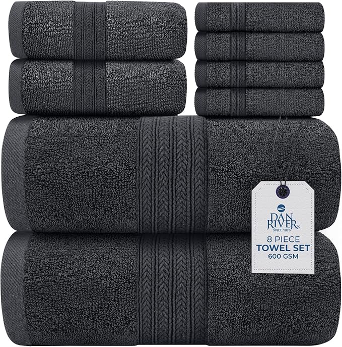 DAN RIVER 8 PC Luxury Bath Towels for Bathroom, 2 Bath, 2 Hand, and 4 Wash Cloths, 600 GSM 100% Ring Spun Cotton Towel Set, Highly Absorbent, Gym, Hotel, and Spa, Charcoal
