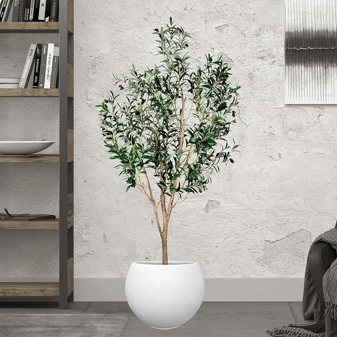 17 H x 21" Dia (15" Pot Opening) White Round Fiberstone Tall Planter with Drainage Hole, Indoor/Outdoor Large Plant