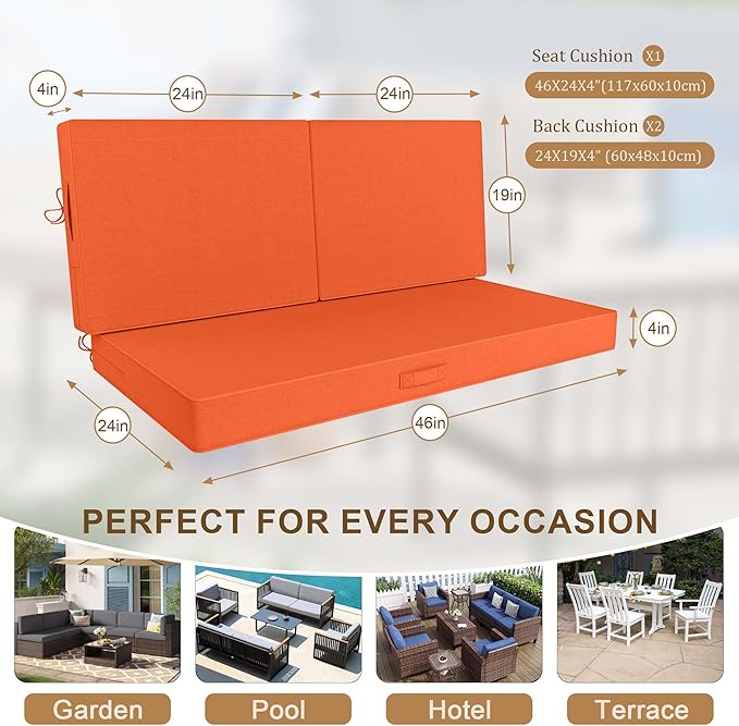 Outdoor Loveseat Cushion Set 46 x 26 Inch, Waterproof & Fade-Resistant Deep Seat Patio Cushions with Removable Cover, Ties & Hidden Zipper, Patio Love Seat Sofa Cushions for Sofa Bench Couch,Orange