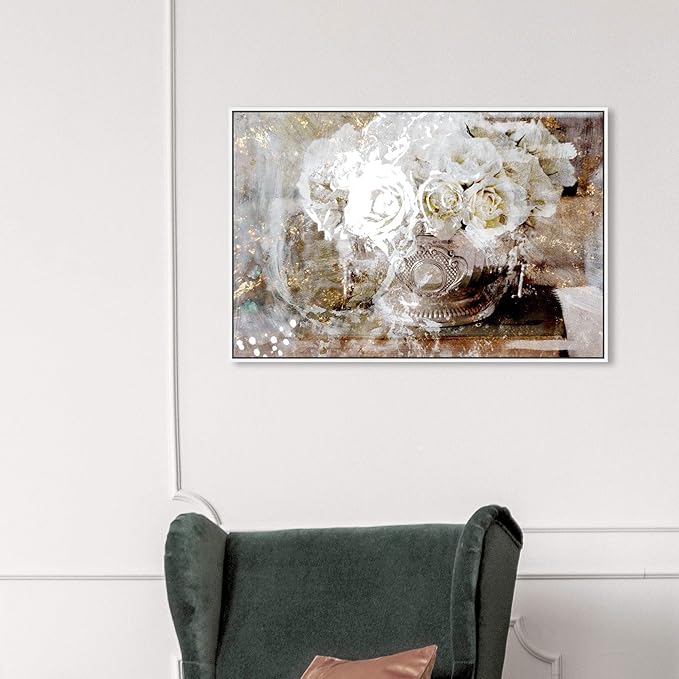 Floral and Botanical Framed Wall Art Canvas Prints 'Serving Roses' Florals, White, Gold, 36" x 24"