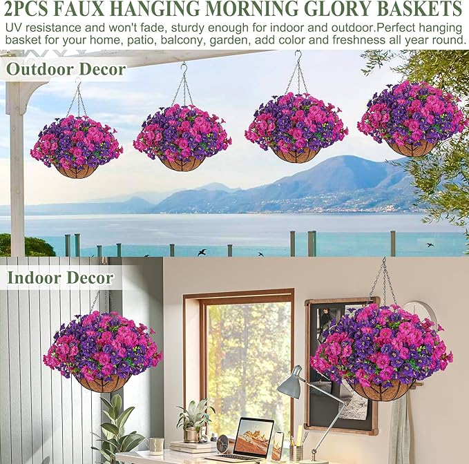 KHOYIME Artificial Hanging Flowers Plants Basket for Outdoors Indoor, 2 Set Faux Silk Purple Fuchsia Morning Glory Fake Eucalyptus Planters UV Resistant Spring Summer for Decor Home Garden Porch Patio