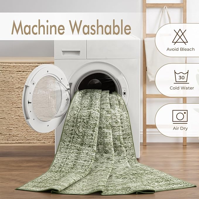 MIULEE 5x7 Vintage Living Room Rug Washable Area Rugs Low Pile Floor Mat for Bedroom Dining Room Non-Slip Stain Resistant Soft Indoor Carpet for Home Decor, Green