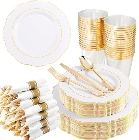 Liacere 350PCS Gold Plastic Plates-Disposable White and Gold Plates 50guest Baroque Plastic Dinnerware include 100Plates, 50Pack Pre Rolled Napkins with Silverware 50Cups for Wedding&Fall Decor