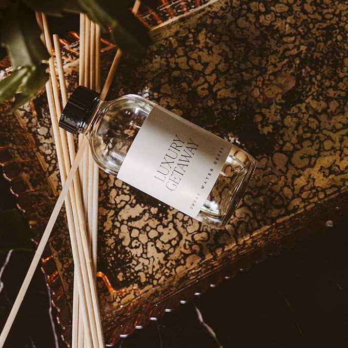 Sweet Water Decor Luxury Getaway Reed Diffuser Set - Room Diffuser with Leather, Amber & Musk Scent - Reed Diffuser for Bathroom Lasts for 4 Months - Home Diffuser with Premium Fragrance Oils