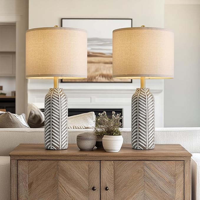 BOBOMOMO 26" Retro Farmhouse Lamps Set of 2 - Vintage Leaf Design, Living Room Lamps with Linen Shades, Rustic Resin Lamp for Bedroom, Living Room, Nightstand, Entryway, Nursery, Wood Grain