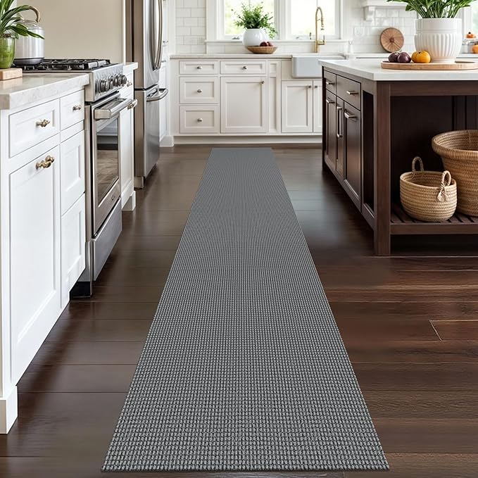 IOHOUZE Washable Runner Rug 2x12 Non Slip Rubber Backed Extra Long Hallway Runner Entryway Runner Indoor, Kitchen Rugs Woven Cotton Floor Carpet for Hall Entrance Stair, Dark Grey