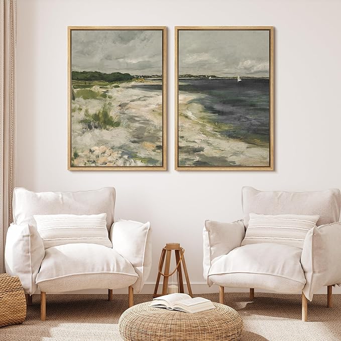 MUDECOR Framed Canvas Print Wall Art Coastal Shoreline with Lush Dunes Serene Beach Landscape Nature Wilderness Illustrations Realism Decorative for Living Room, Bedroom, Office - 24"x36"x2 Natural