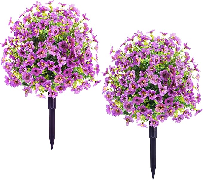 Faux Flowers for Outdoor Planters, 2Pcs Purple Lifelike Topiary Ball Tree with Ground Spike, Daisy Eucalyptus Artificial Flowers for Front Porch Decor