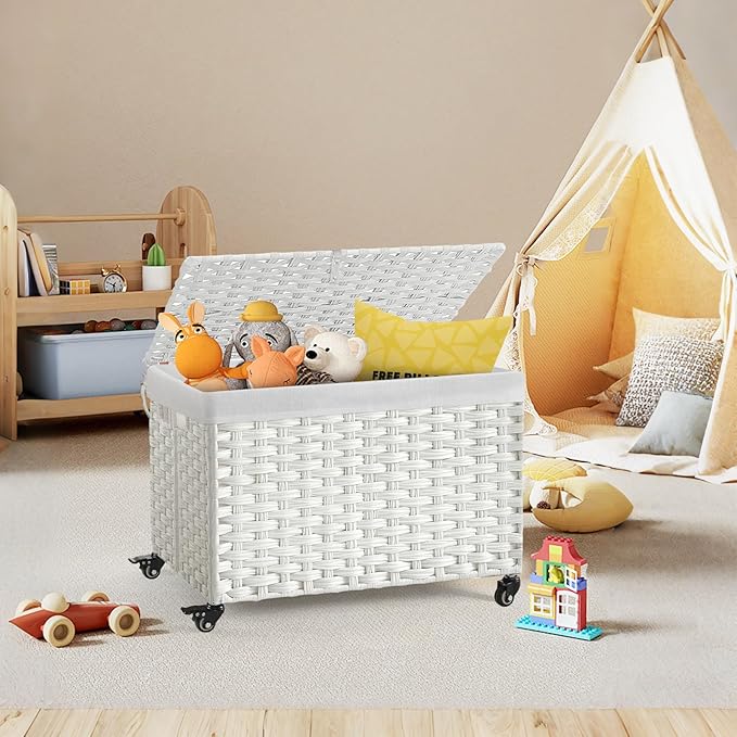 Rolling Storage Basket with Lid, 47.6 Gallon (180L) Storage Bin with Wheels, Woven Rattan Blanket Storage Basket with Handles, Foldable, Metal Frame, Removable Liner for Bedroom, Laundry Room, White