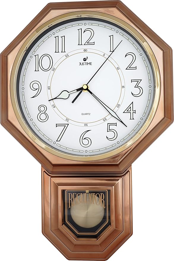 JUSTIME Traditional Schoolhouse Luminious Arabic Regulator Wall Clock, Chiming Wall Clocks with Pendulum & Westminster Chime Hourly, Schoolhouse Wall Decor Battery Operated (Vintage Copper)